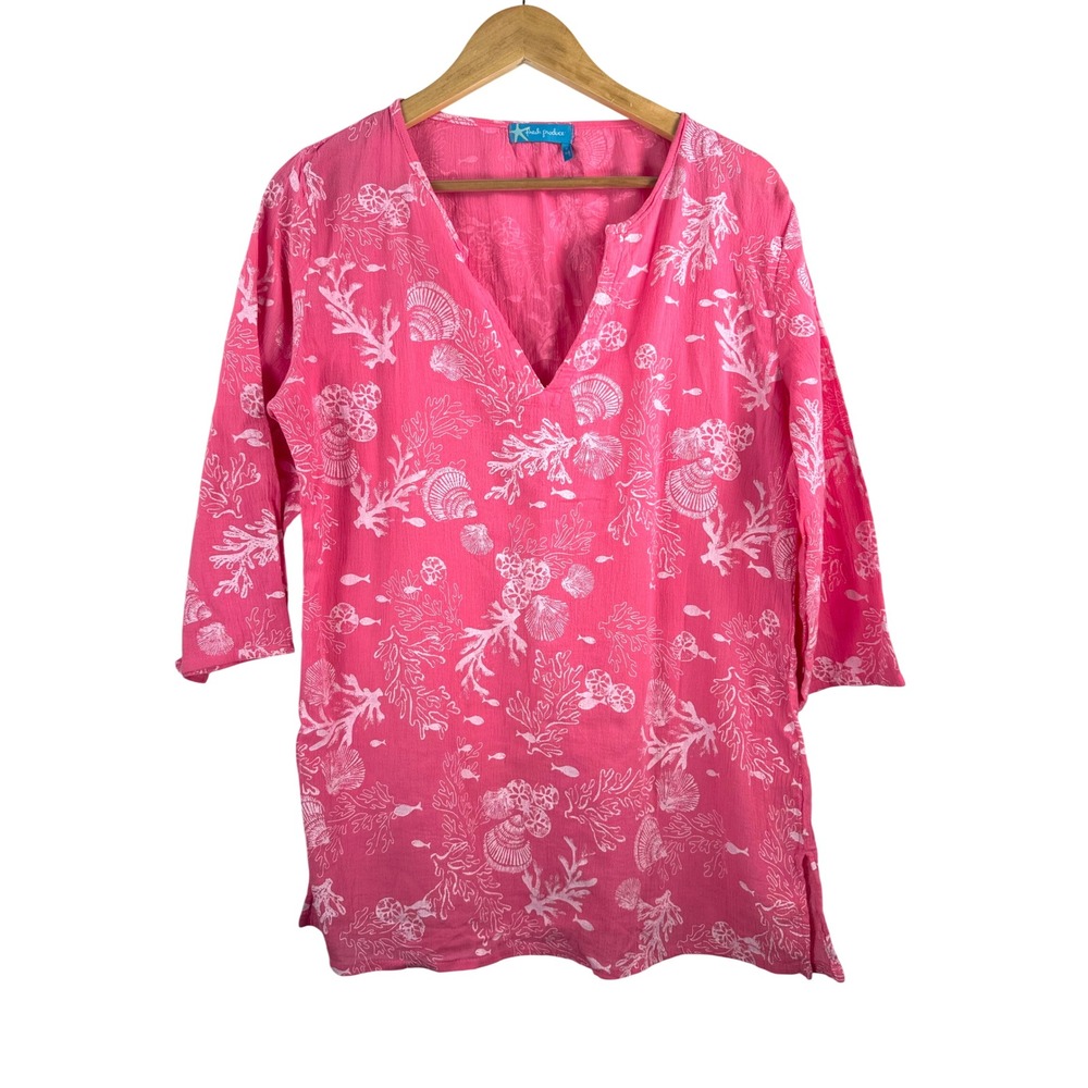 Fresh Produce Tunic L Pink Coral Shell Gauze V-Neck Beach Cover Up